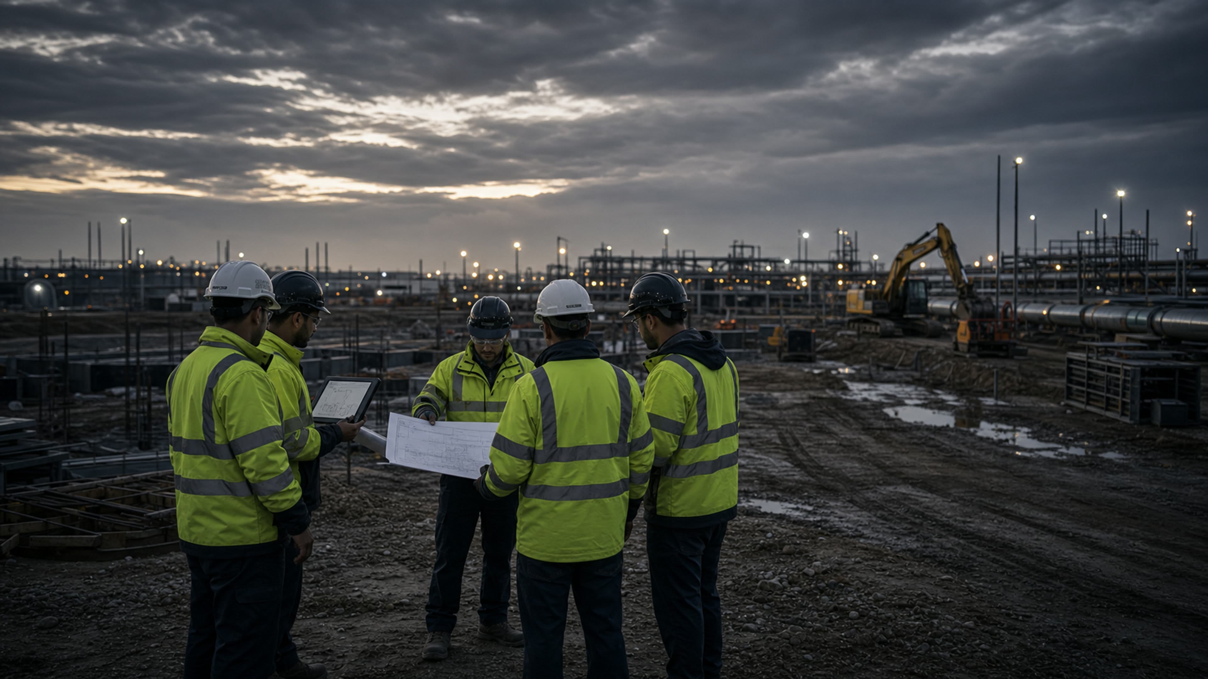 Gallops field coordination scene with supervisors reviewing infrastructure work