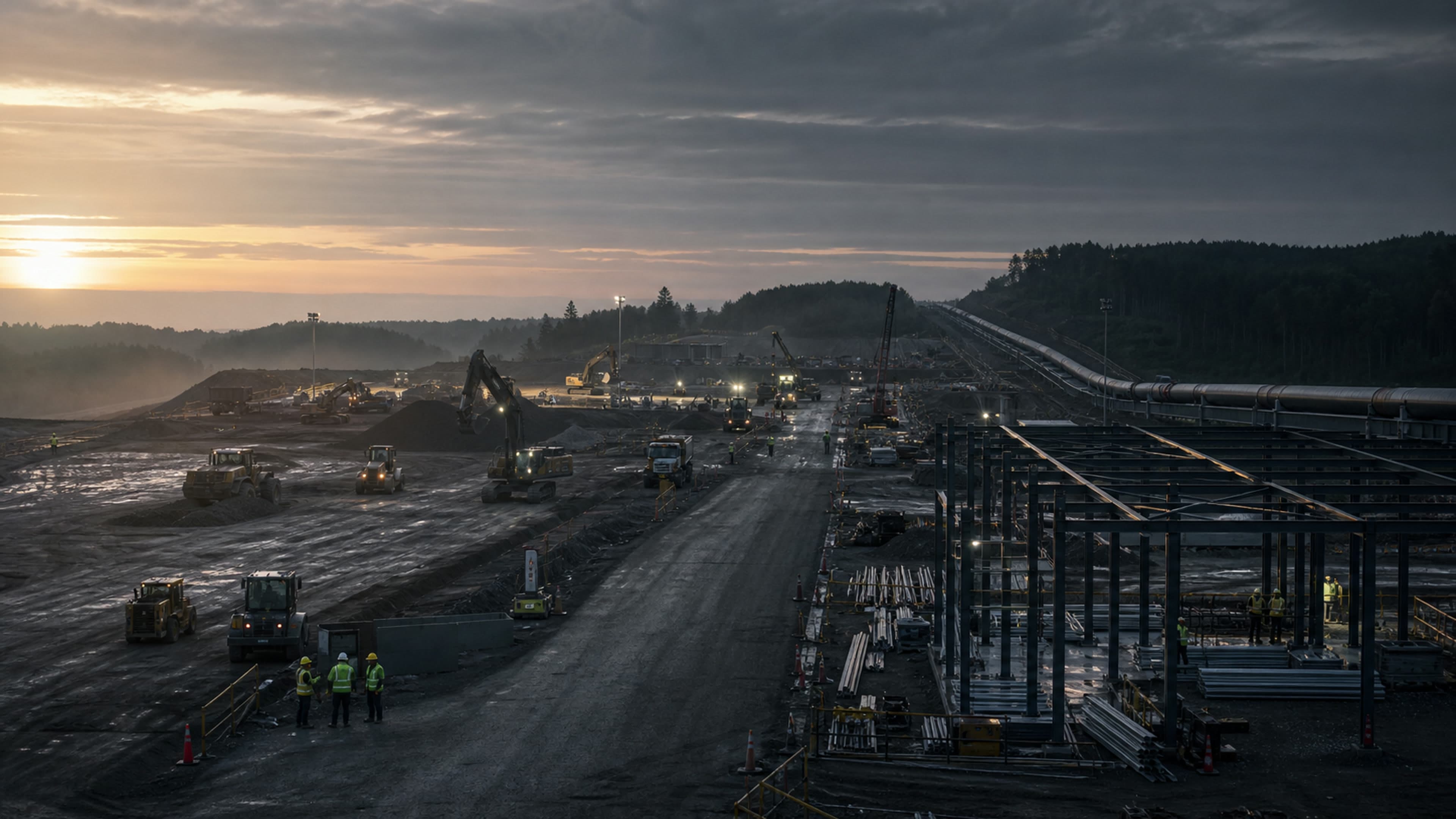 Wide Gallops infrastructure environment containing road work, fabrication, equipment movement, and pipeline systems