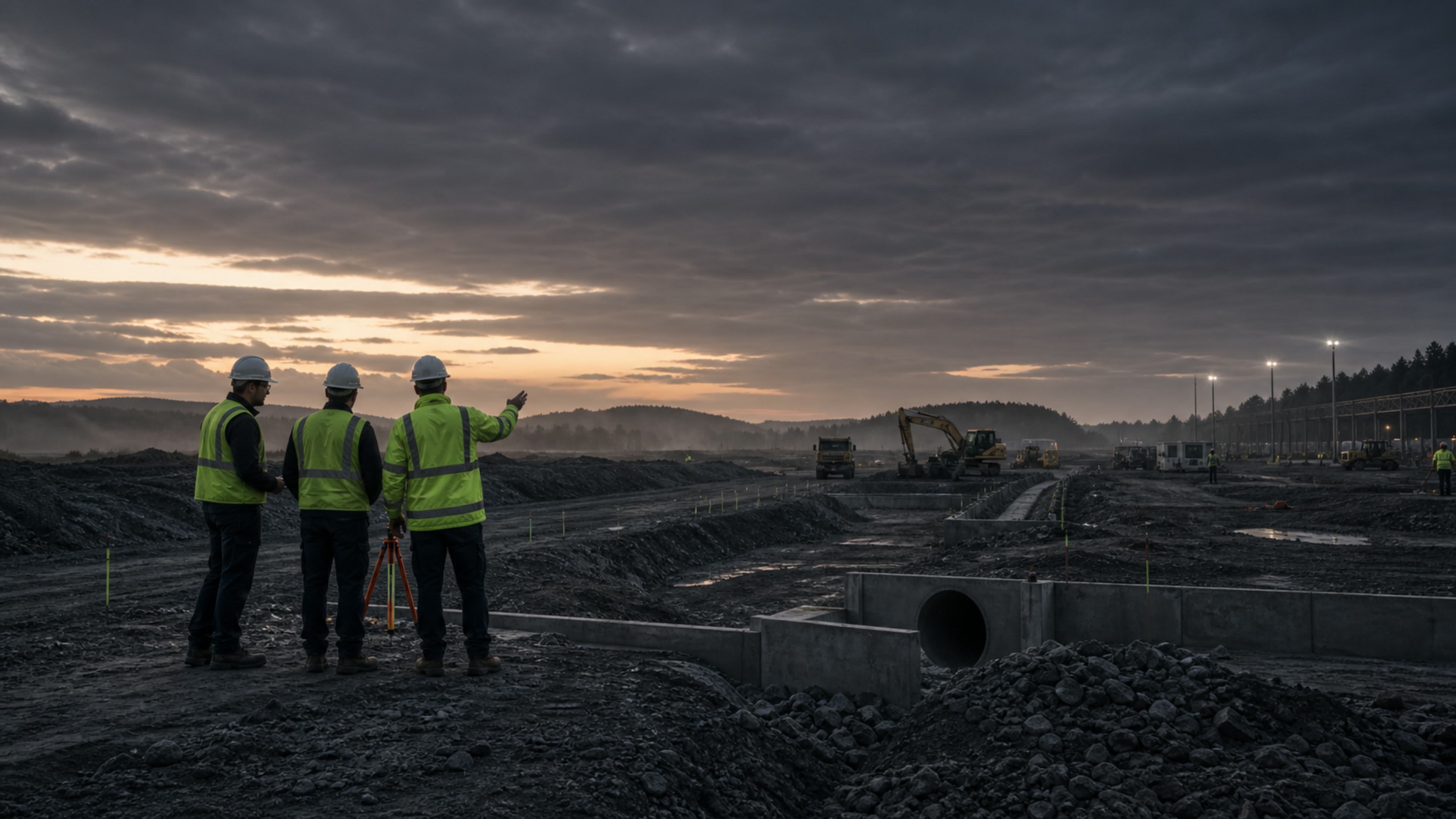 Civil engineering team reviewing infrastructure work on site